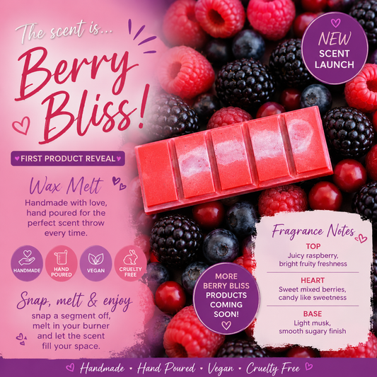 An advertisement for a new scented berry bliss wax melt. With a picture of the wax melt and a background of mixed berries.