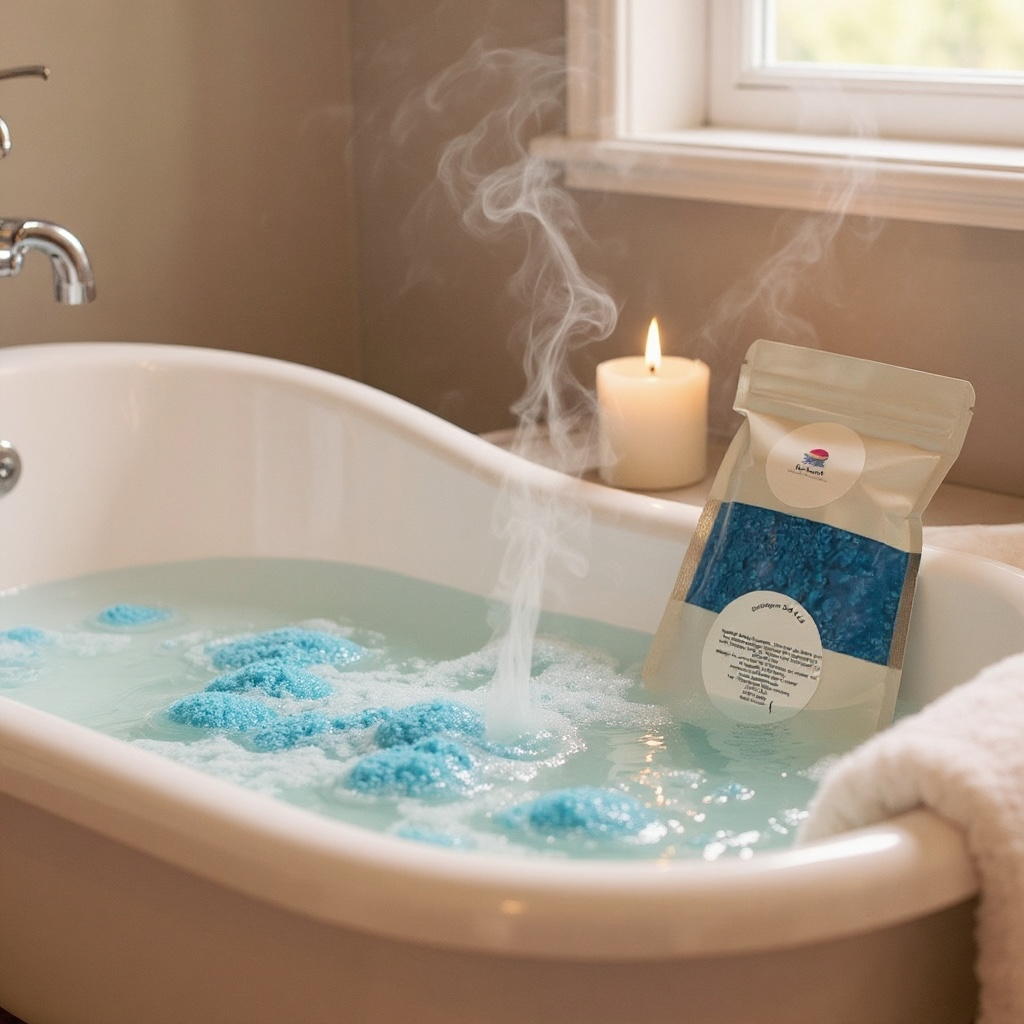 Bath tub with steaming water, blue bath dust, and a candle in a bathroom setting.
