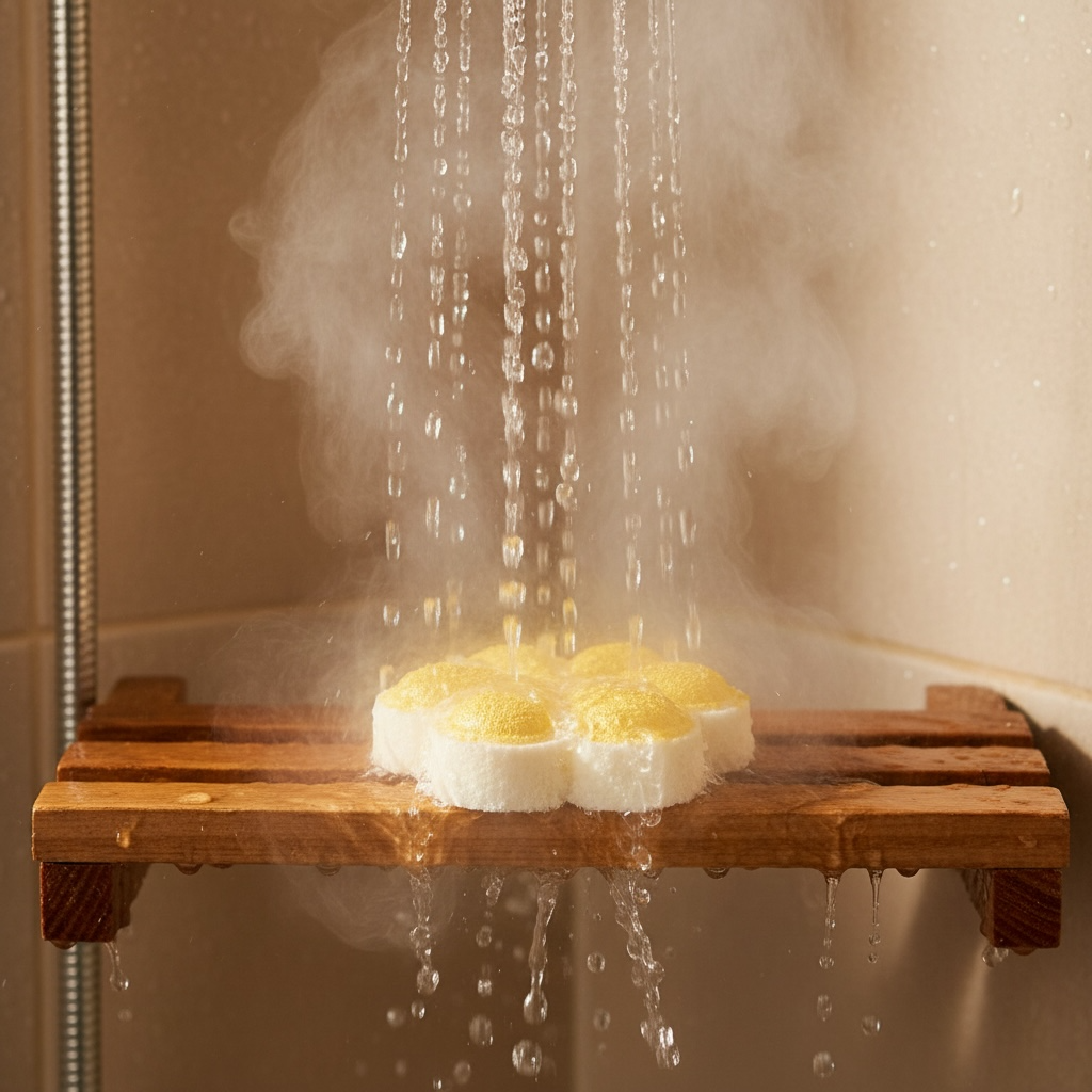 A wooden bath shelf holding a gold and white shower steamer, shown under running shower water in a bathroom setting.