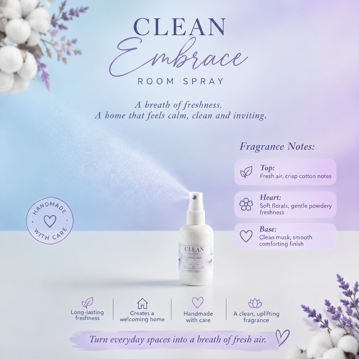 A bottle of CLEAN Embrace Room Spray centered on a soft pastel background with decorative flowers and text describing the fragrance notes and product benefits.