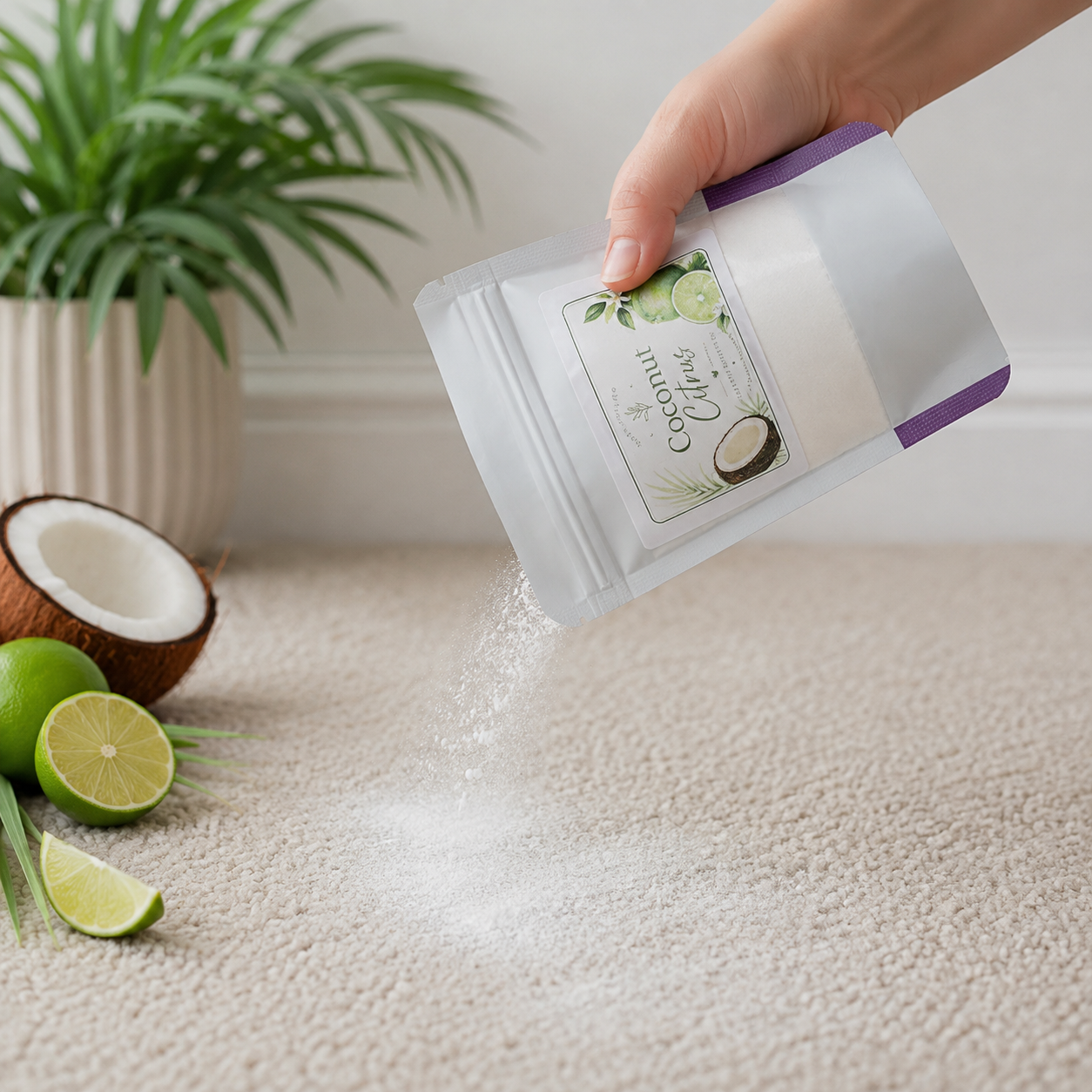 A hand holds a stand-up pouch labeled 'Coconut Citrus’ while powder pours out onto a beige carpet. A potted plant, a halved coconut, and lime slices sit nearby as props.