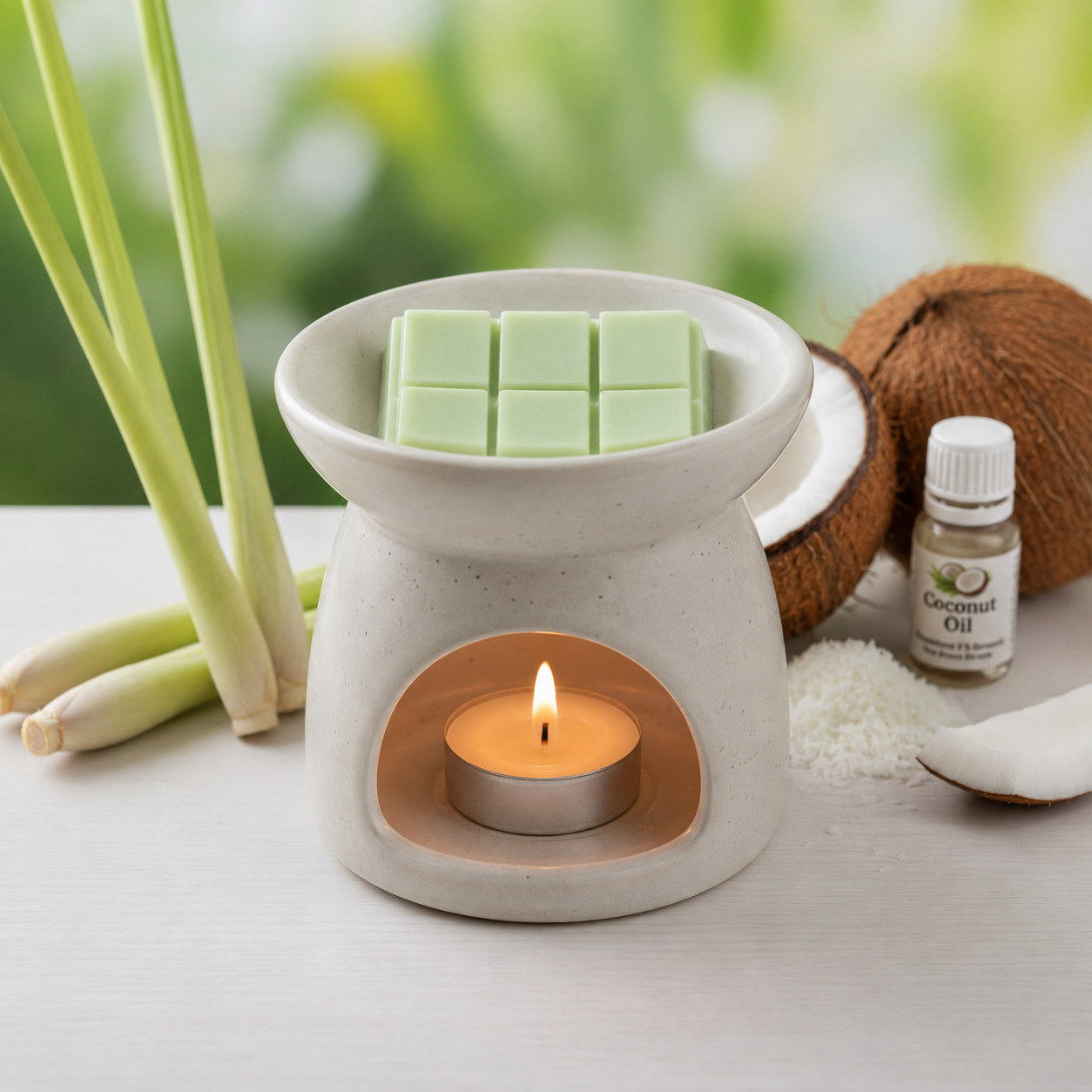 A ceramic wax warmer with a lit tealight candle inside, holding pale green wax cubes, styled on a tabletop with lemongrass, coconut, coconut oil bottle, and shredded coconut against a soft green blurred background.