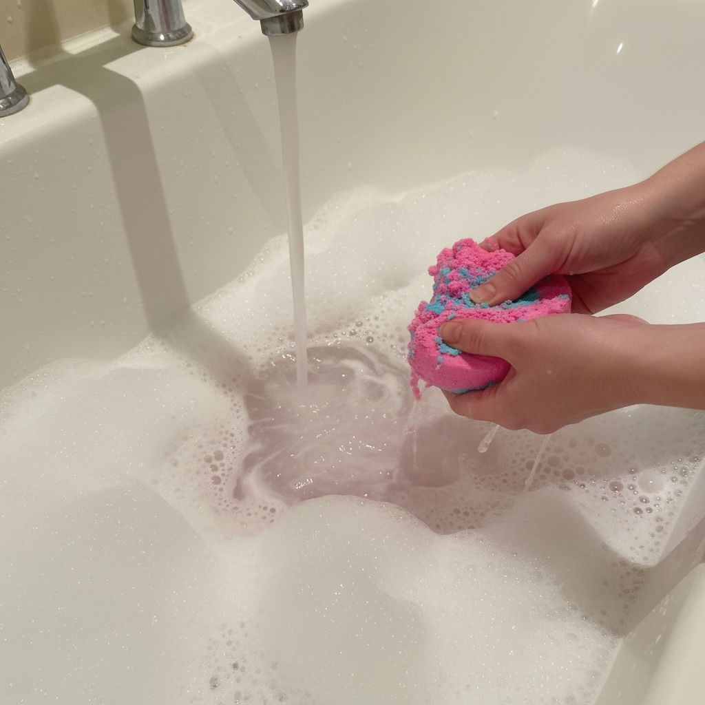 A person's hands holding a pink and purple bubble bar under running water in a white sink filled with soapy, foamy water.