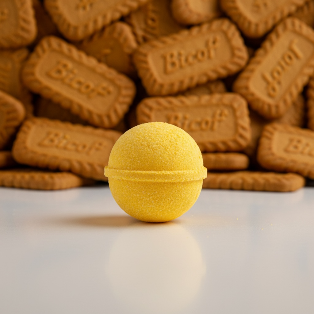 Yellow bath bomb in front of a stack of Biscoff biscuits