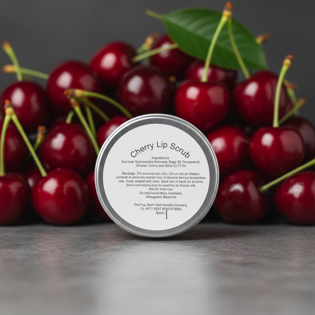 A tin of cherry lip scrub with a background of cherries.