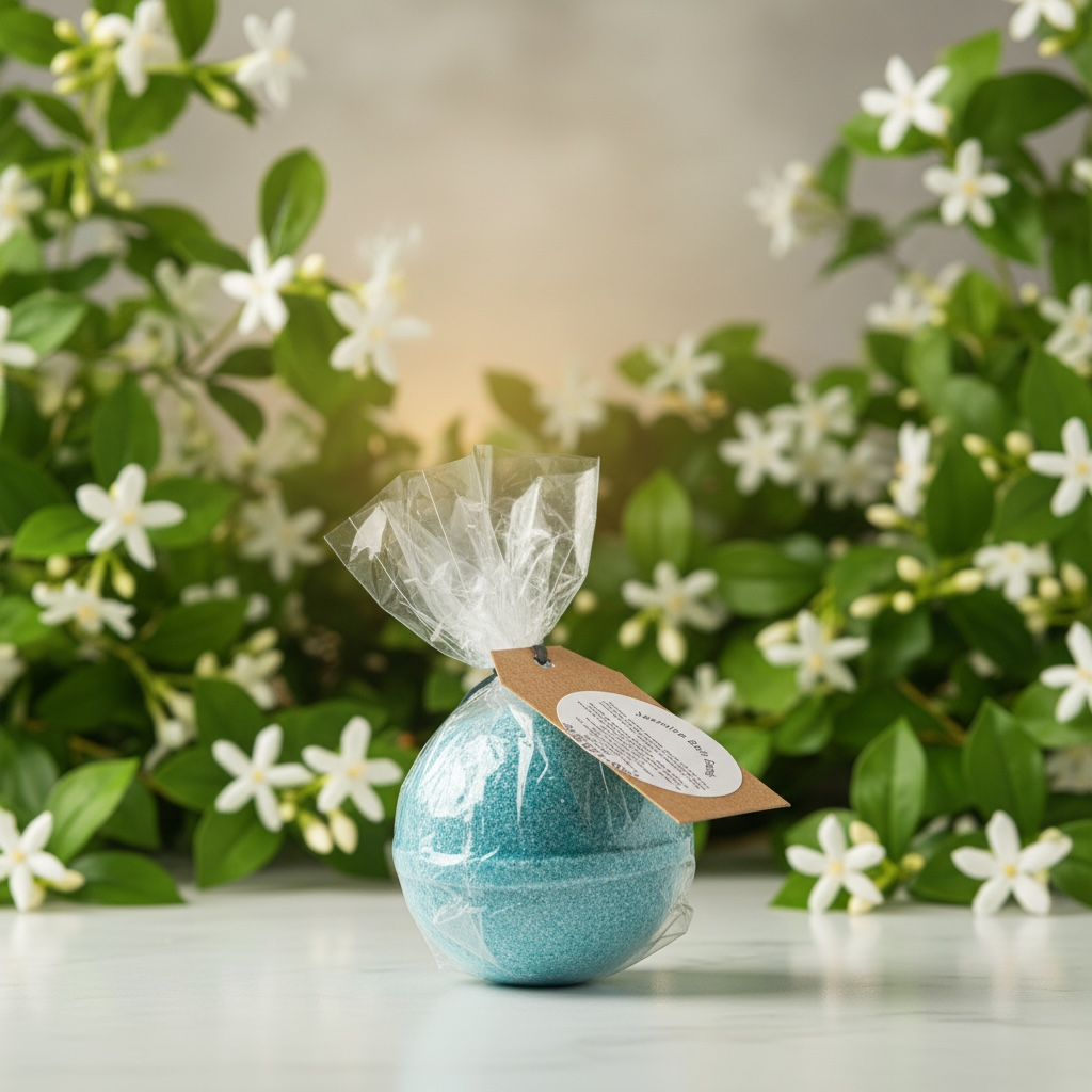 Teal bath bomb with a tag in front of green foliage and white flowers