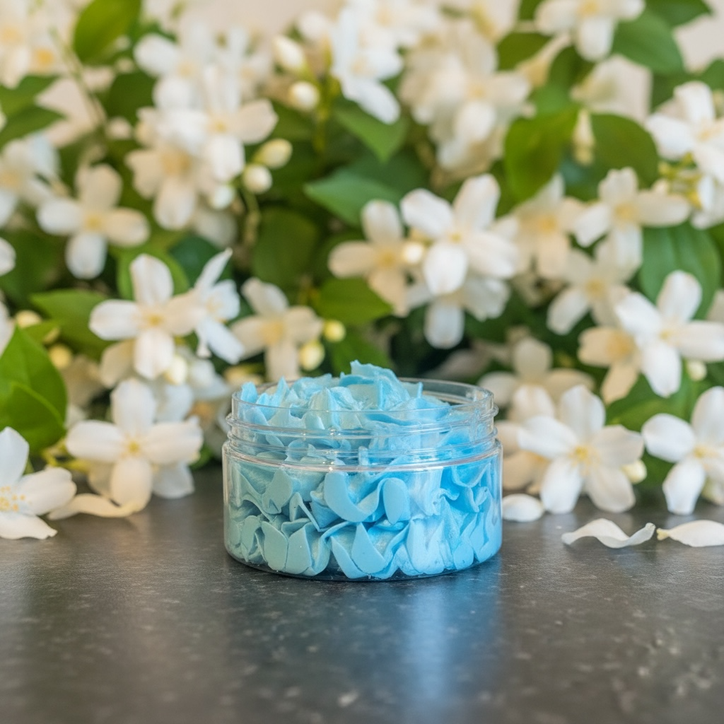 A teal coloured whipped soap in a clear plastic jar and a floral background