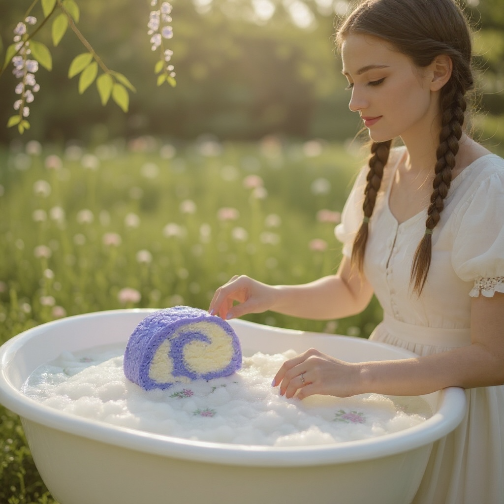A purple and white bubble bar in a bubble bath beside a girl