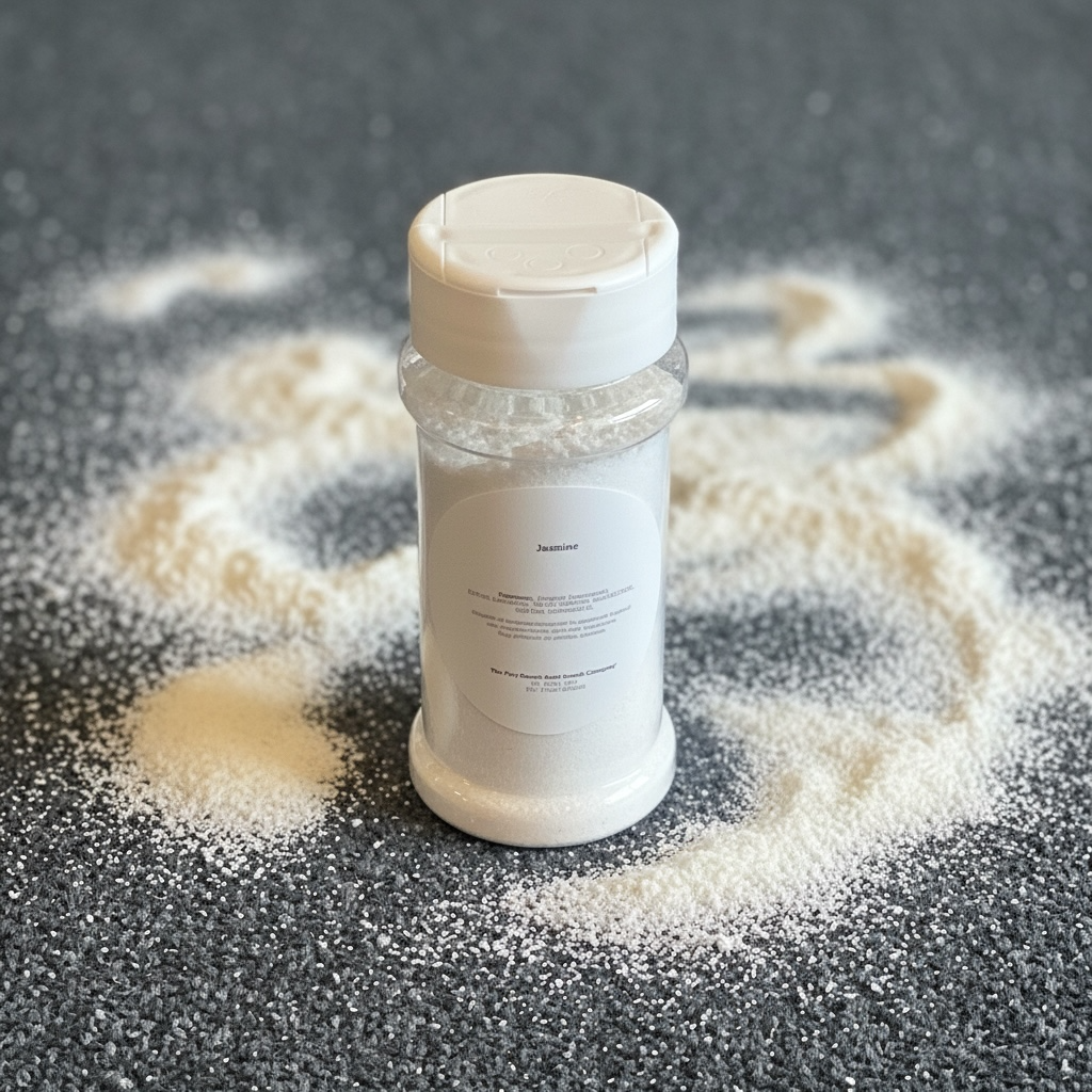 A shaker bottle of carpet freshener with powder scattered on a carpet.