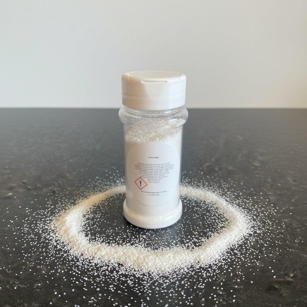 A shaker bottle of carpet freshener with powder scattered on a carpet.
