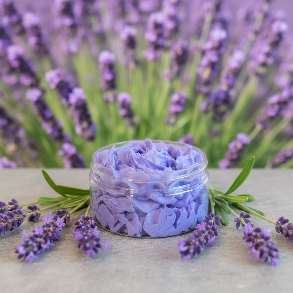 A violet coloured whipped soap in a clear plastic jar with a lavender flowers background