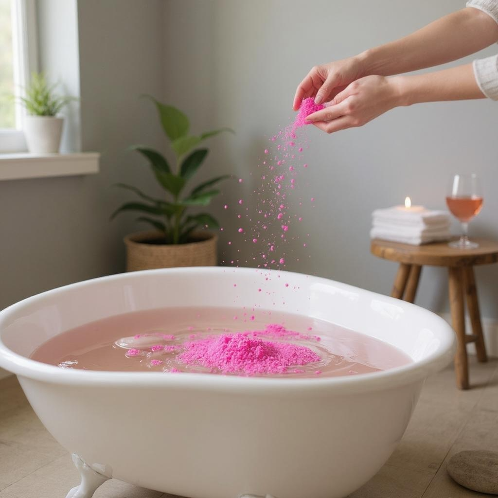 A hand sprinkling hot pink bath dust in the bath