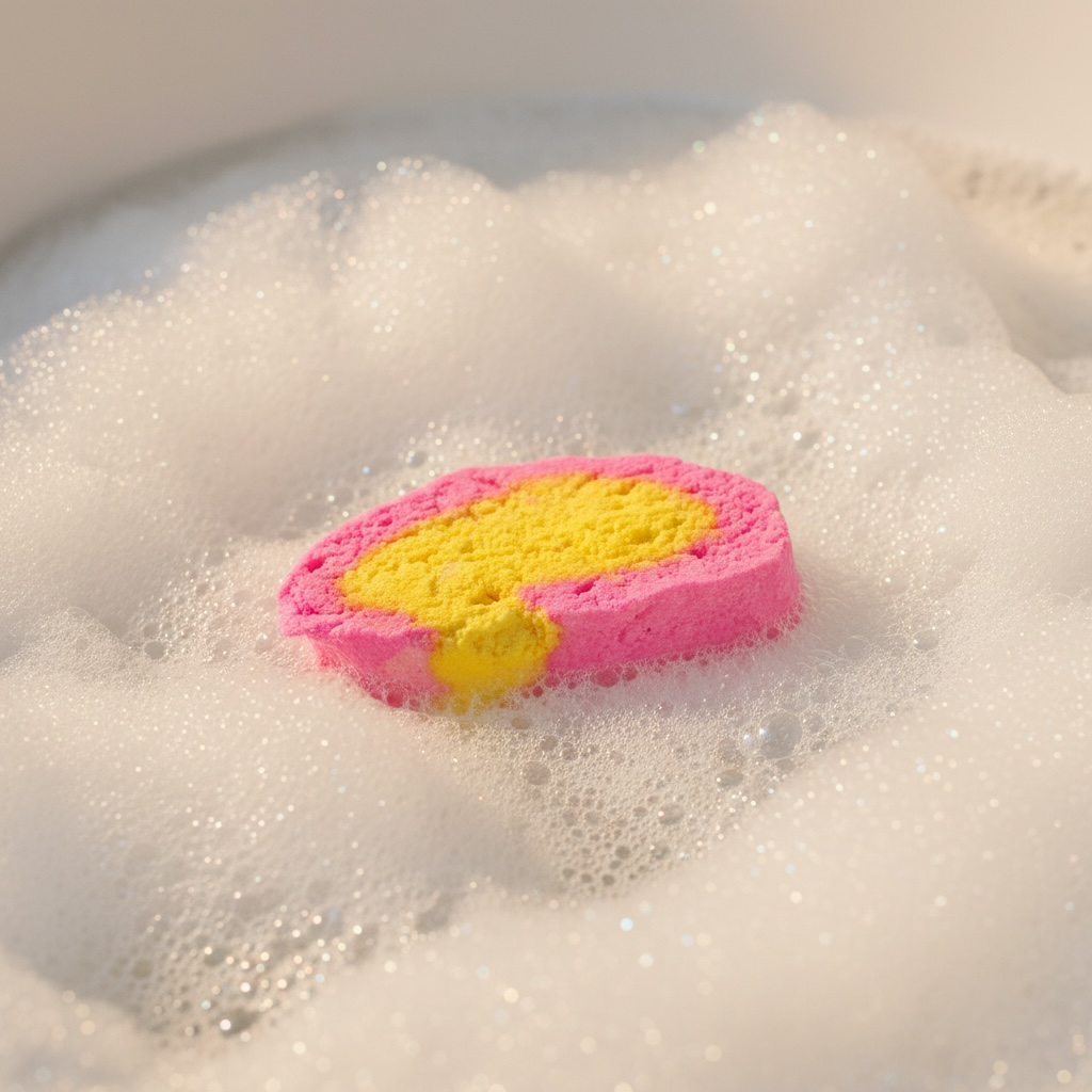 Pink and yellow bubble bar in a bubble bath