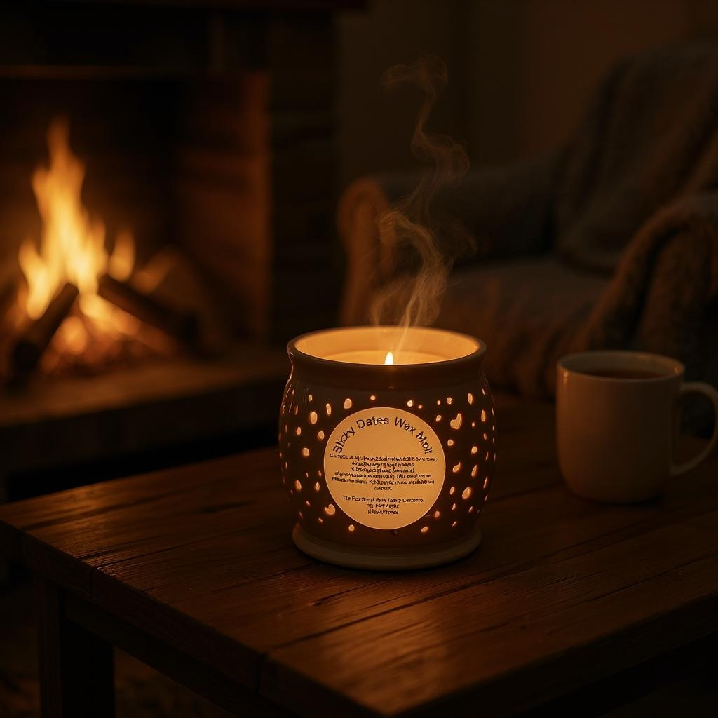 Ceramic candle holder with a lit candle on a wooden table in front of a fireplace.