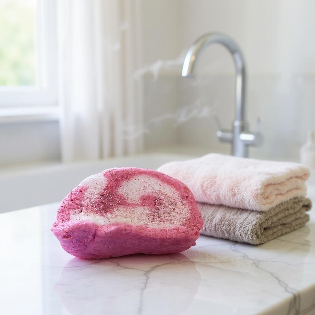 Red and white bubble bar with folded towels on a marble countertop