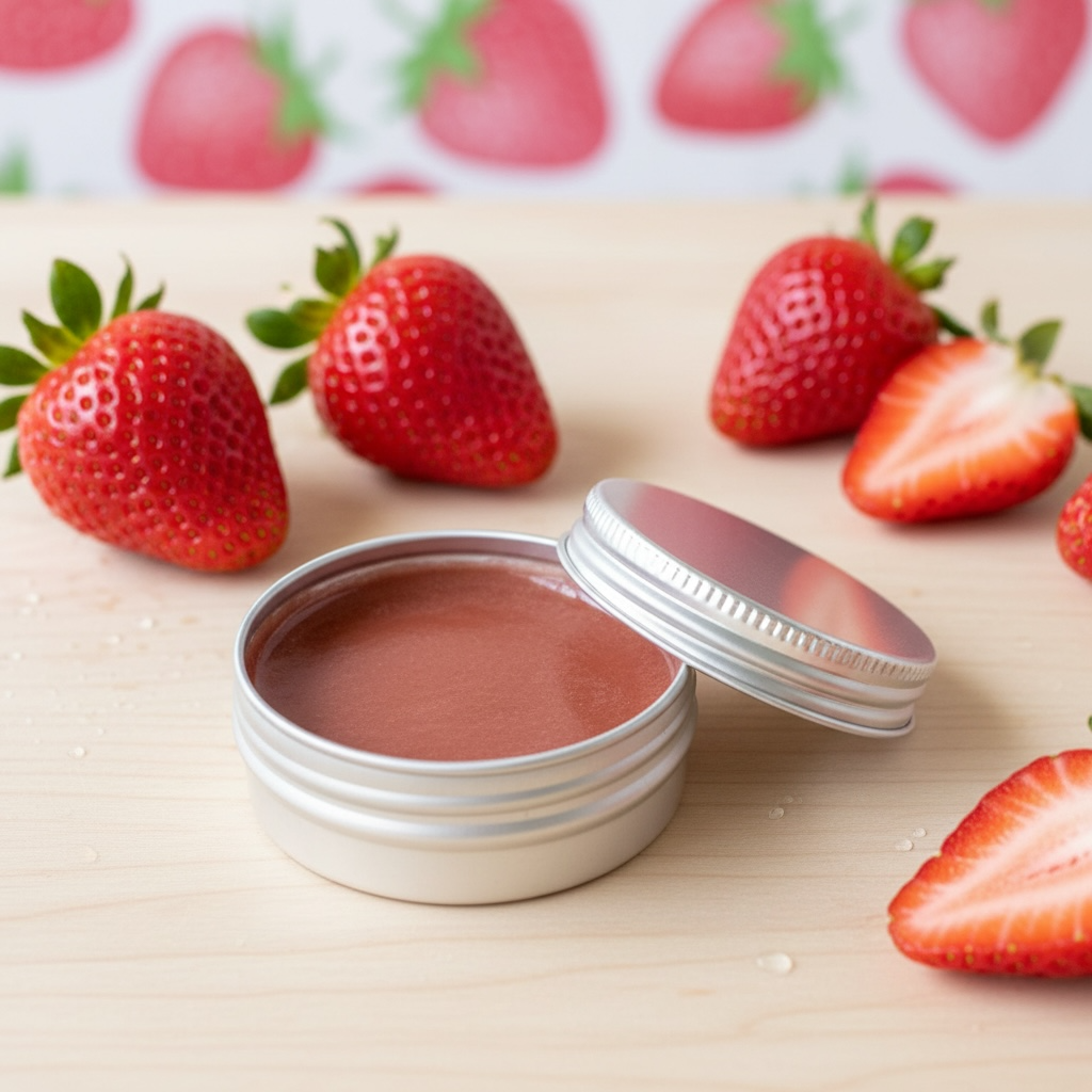 Metal tin with red lip gloss surrounded by strawberries on a wooden surface