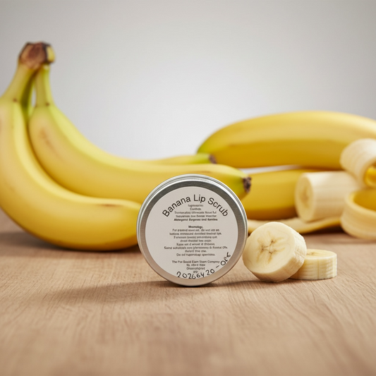 A tin of lip scrub with a banana background 