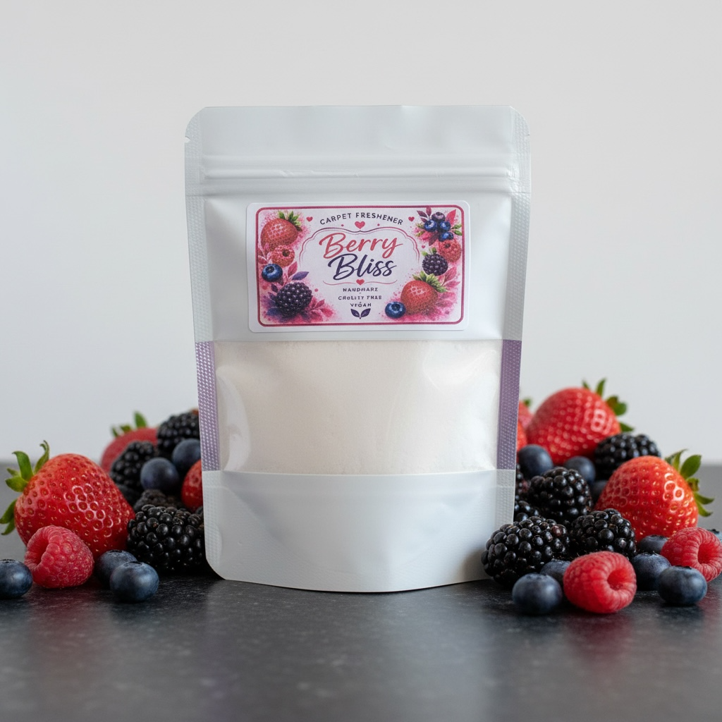 A bag of Berry Bliss Carpet Freshener with a mixed berries background 