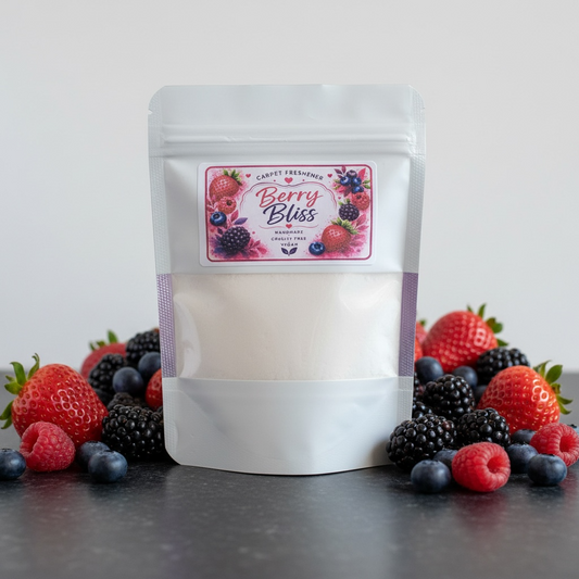 A bag of Berry Bliss Carpet Freshener with a mixed berries background 