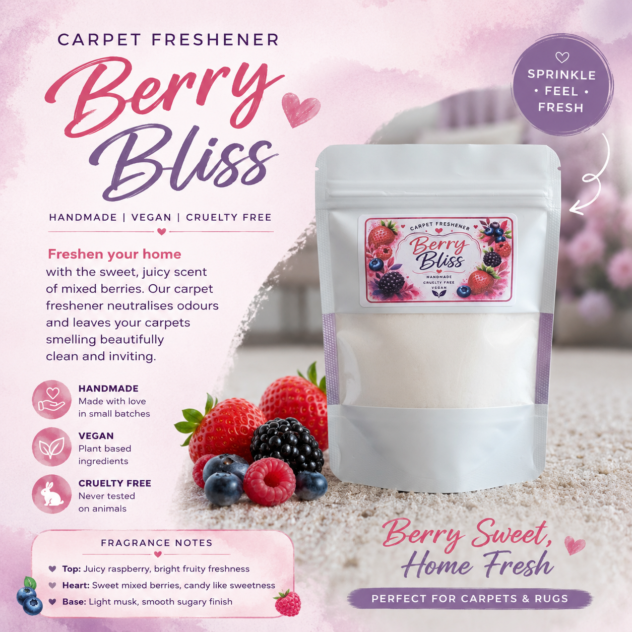 A stand-up pouch of Berry Bliss Carpet Freshener shown on a soft pink and white background with berry illustrations and text describing the scent and product benefits. The pouch has a front label reading Berry Bliss and shows a white interior pouch.
