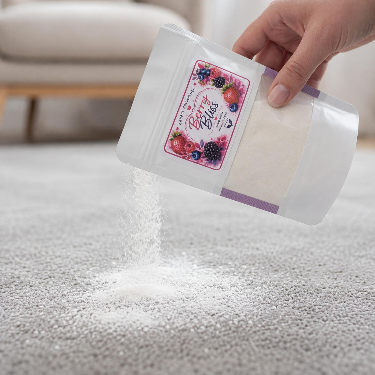A hand holds a resealable pouch of white powder above a light gray carpet, with the powder falling in a small pile. The pouch has a colorful fruit label and a translucent window showing the white contents.