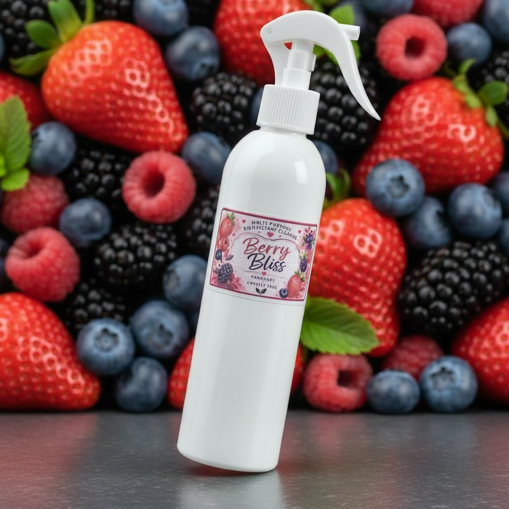 A white spray bottle labeled 'Berry Bliss' stands on a dark surface in front of a dense background of fresh berries, including strawberries, blueberries, raspberries, and blackberries.