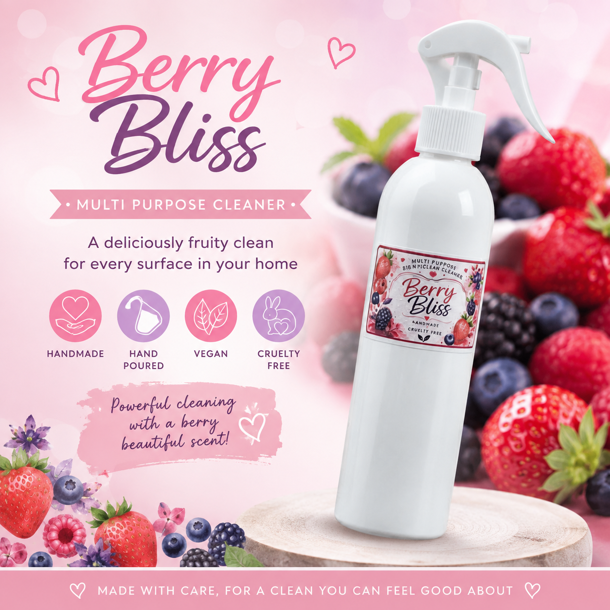 A white spray bottle of Berry Bliss Multi Purpose Cleaner with a white trigger sprayer, set against a pink background decorated with fresh strawberries, blueberries, and raspberries. The bottle features a colorful label with the brand name Berry Bliss and product details.