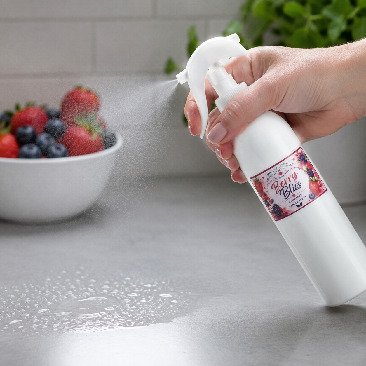 A hand holds a white spray bottle labeled Berry Bliss, spraying a fine mist onto a countertop with water droplets visible. A bowl of fresh berries sits blurred in the background.