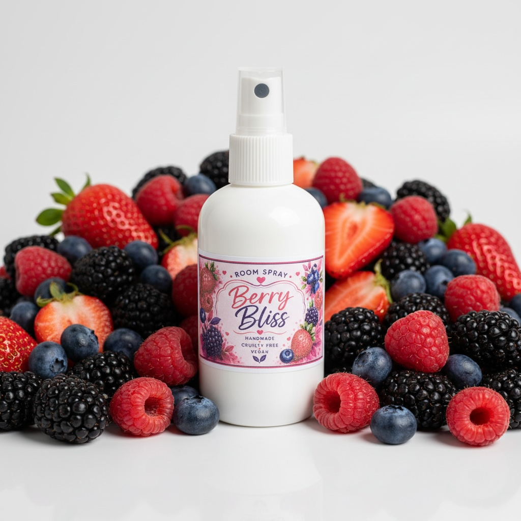 A white room spray bottle labeled 'Berry Bliss' is surrounded by fresh berries and fruit on a clean white background.