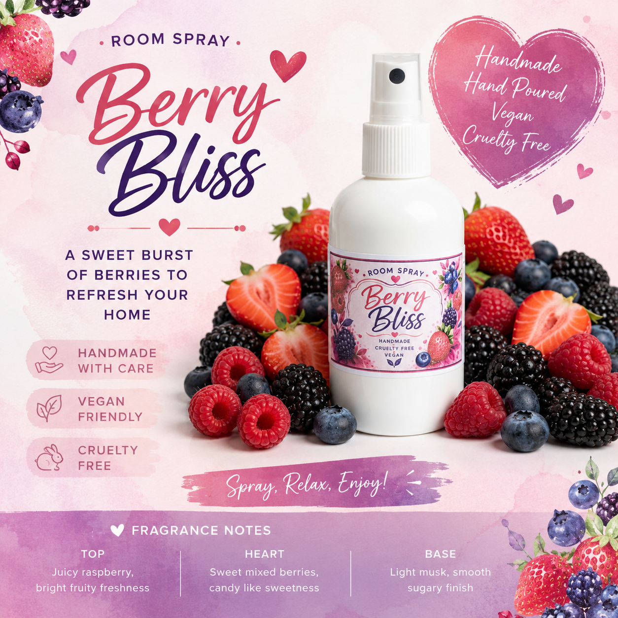 A bottle of Berry Bliss Room Spray centered on a pink watercolor background, surrounded by fresh berries and surrounded by text highlighting its scent and qualities.