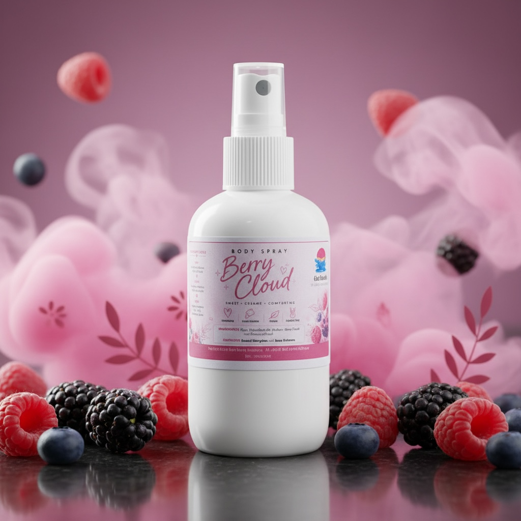 A white body spray bottle labeled 'Berry Cloud' stands centered on a reflective surface, surrounded by fresh raspberries, blackberries, and blueberries against a soft pink background with floating berry shapes.