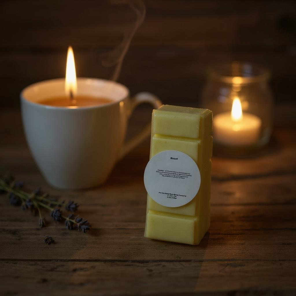 Square wax bar with a label next to a lit candle and cup on a wooden surface