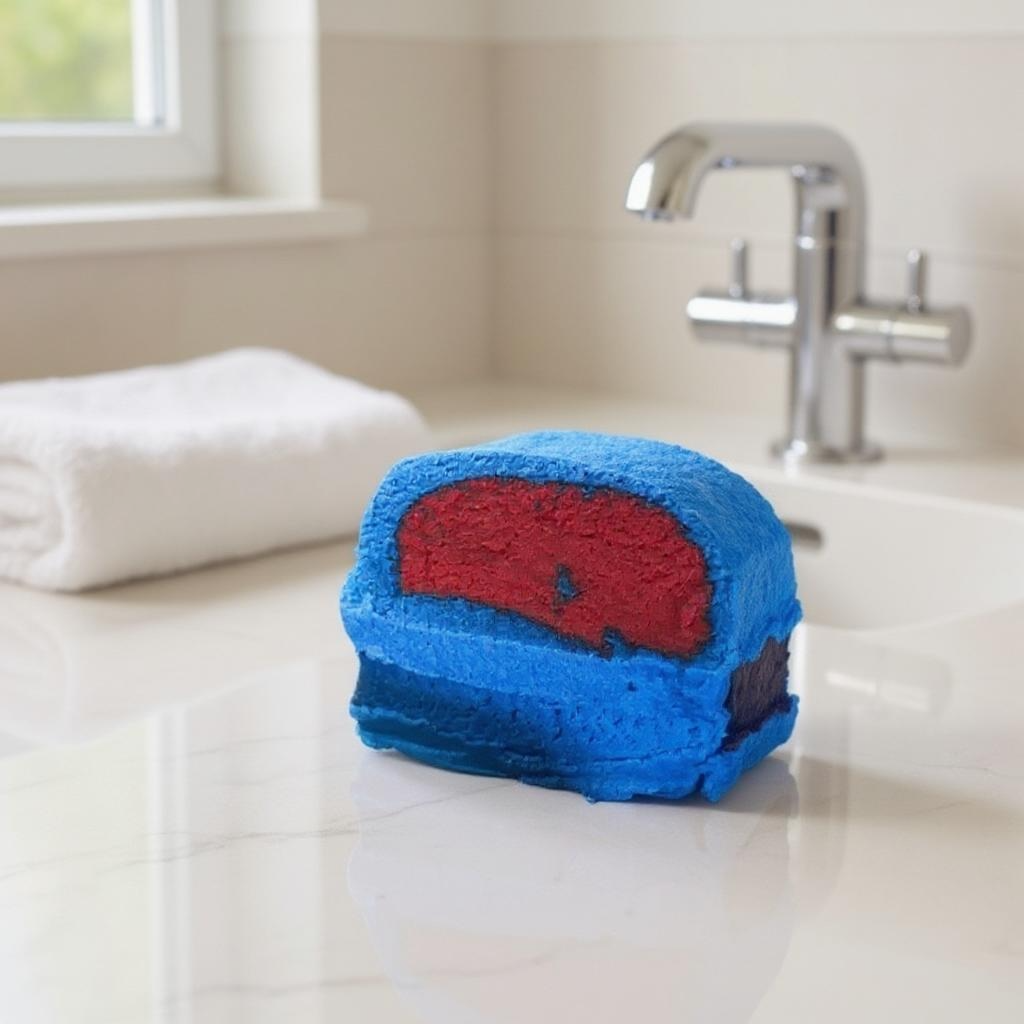 Blue and red bubble bar on a bathroom counter with a sink and towel in the background