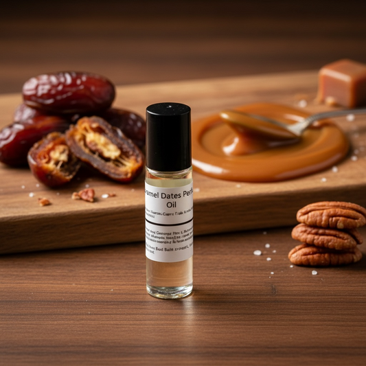 Bottle of Caramel Dates Perfume Oil on a wooden surface with dates, caramel, and pecans in the background.