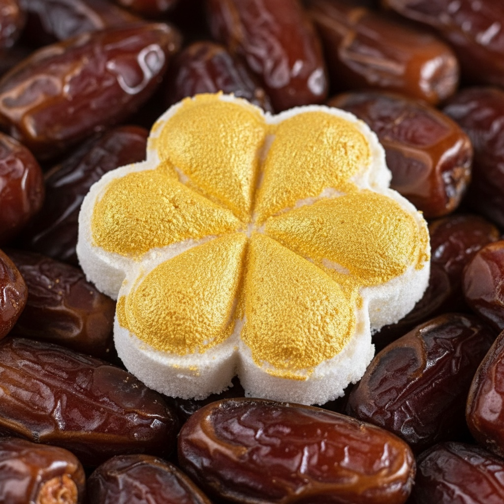 A single flower-shaped white shower steamer with a glossy golden-yellow top, centered on a dense background of dark brown dates.