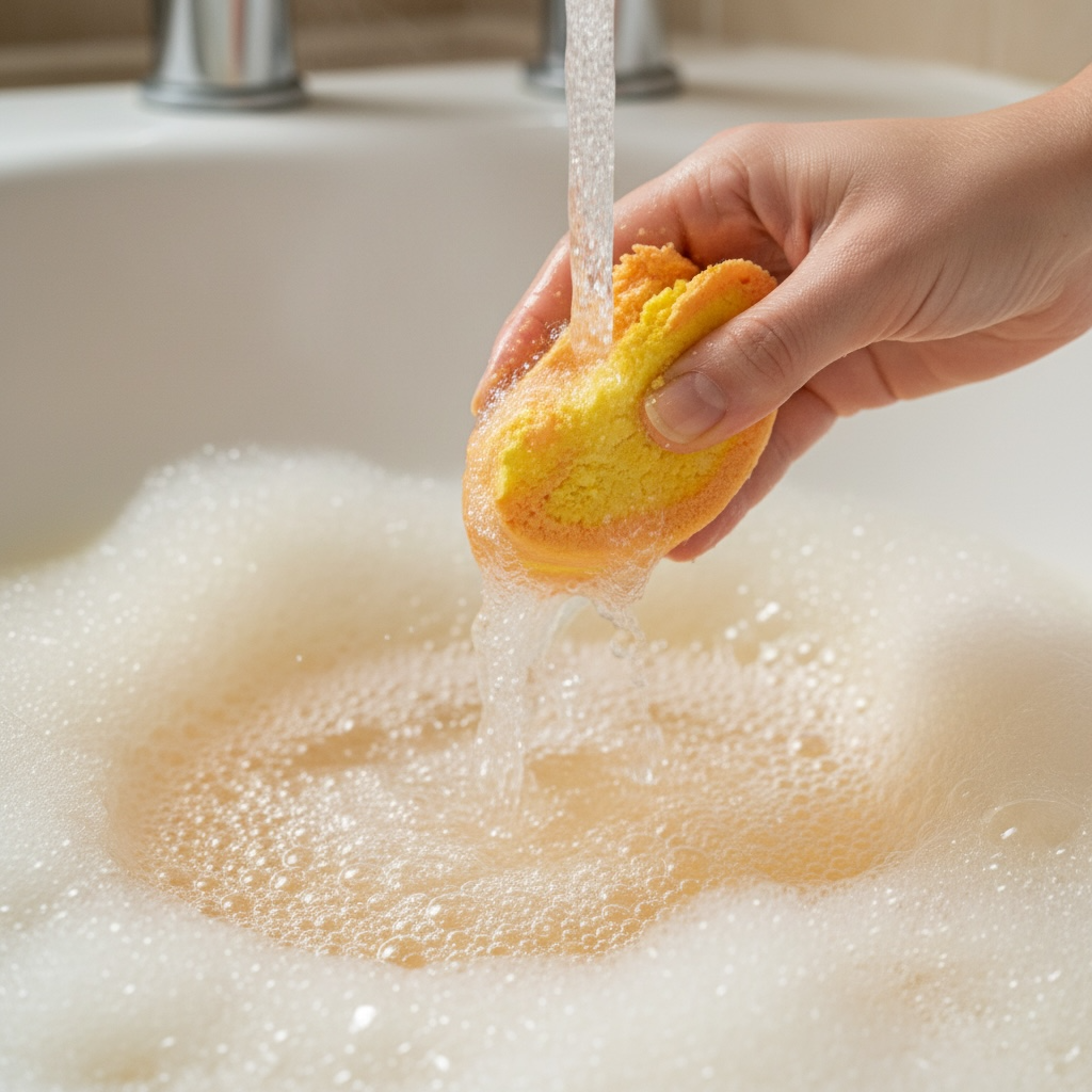 A hand holding a yellow and orange bubble bar under running water in a white sink with soapy foam.