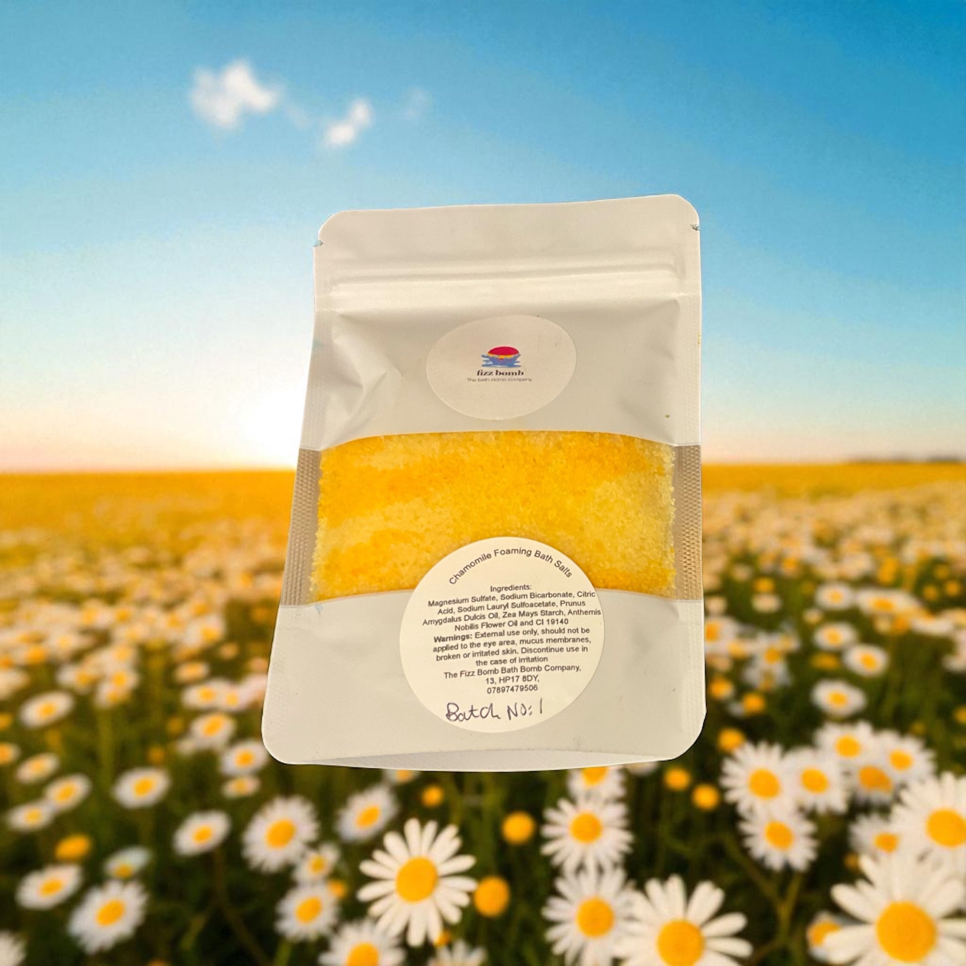 Packaged product with a field of daisies in the background