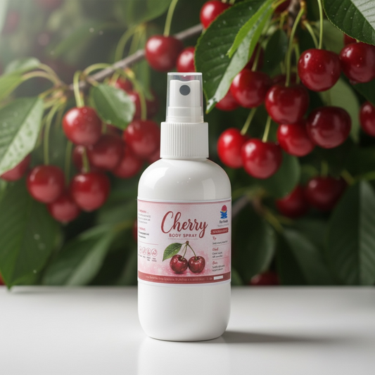 A white spray bottle of Cherry Body Spray with a pink and white label, set against a background of fresh red cherries on a tree branch.