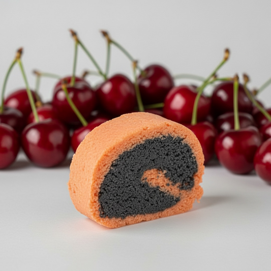 A red and black bubble bar with a cherries background