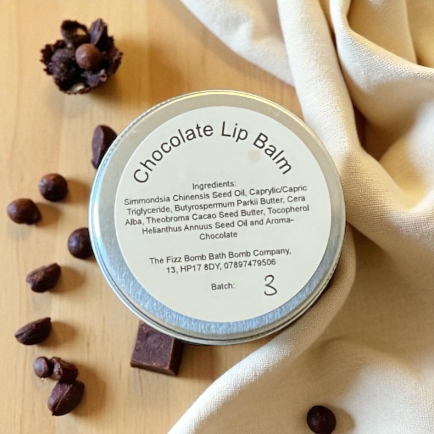 A chocolate flavoured handmade lip balm