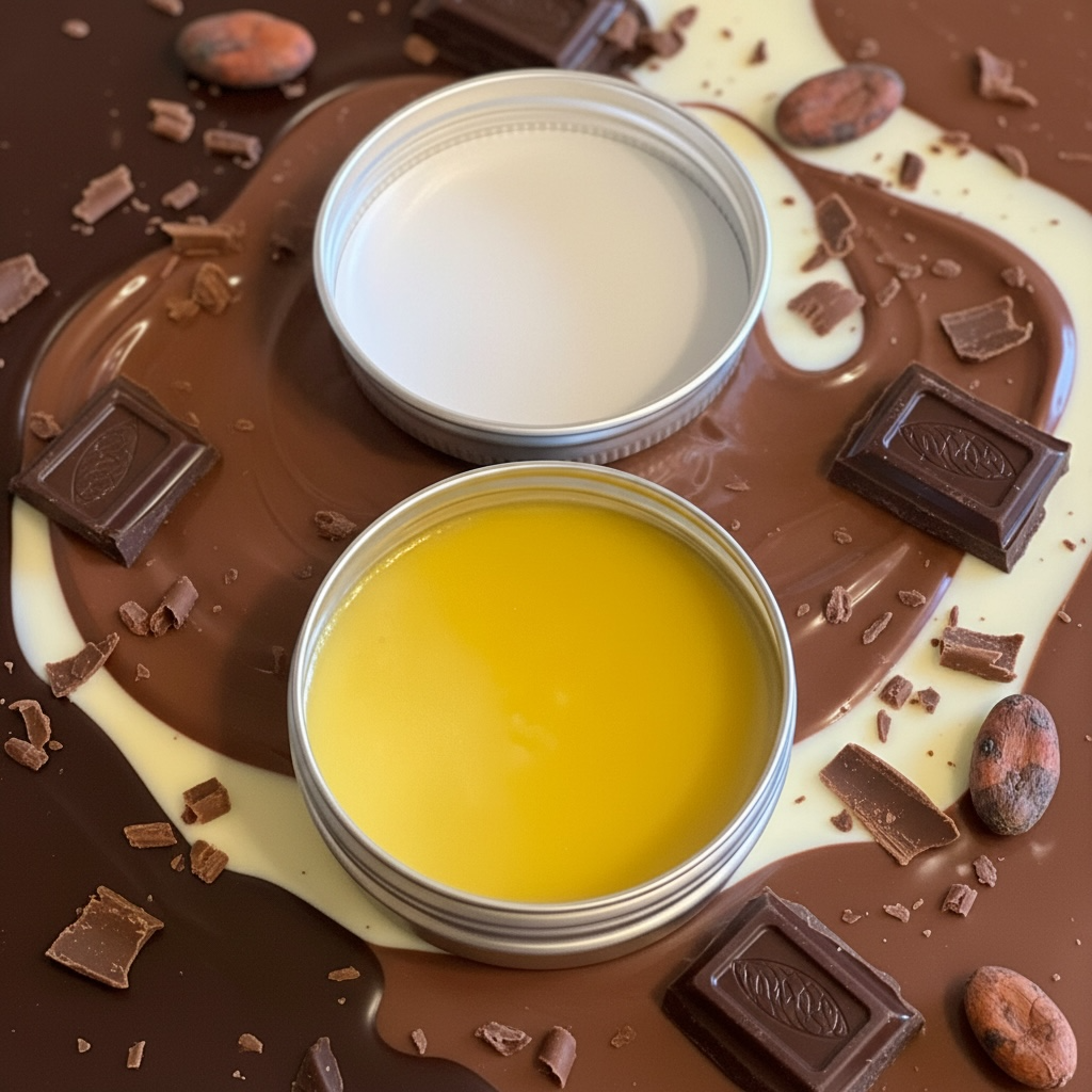 A tin of gold lip gloss on a chocolate surface with chocolate pieces around