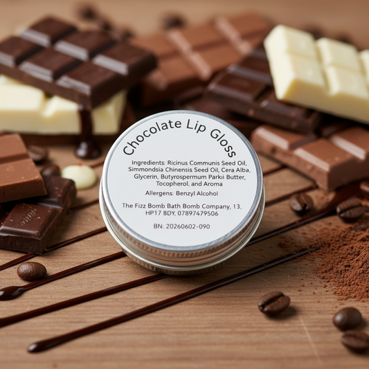 Chocolate lip gloss with ingredients list on a wooden surface with chocolate bars and coffee beans.