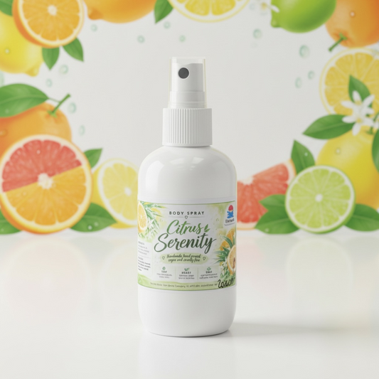 A white plastic body spray bottle labeled 'Citrus Serenity' with a white spray nozzle, set against a bright, watercolor-style background of citrus fruits including oranges, lemons, limes, and grapefruits.