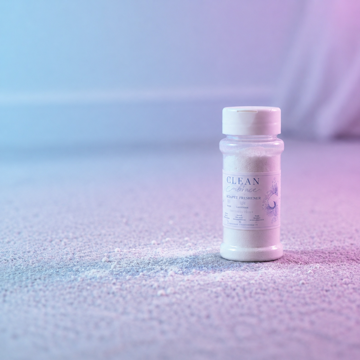 A small white plastic bottle of Clean embrace carpet Freshener powder with a white cap, standing on a textured surface with spilled white powder. The background is softly blurred with a blue-to-purple gradient and no people or animals are present.