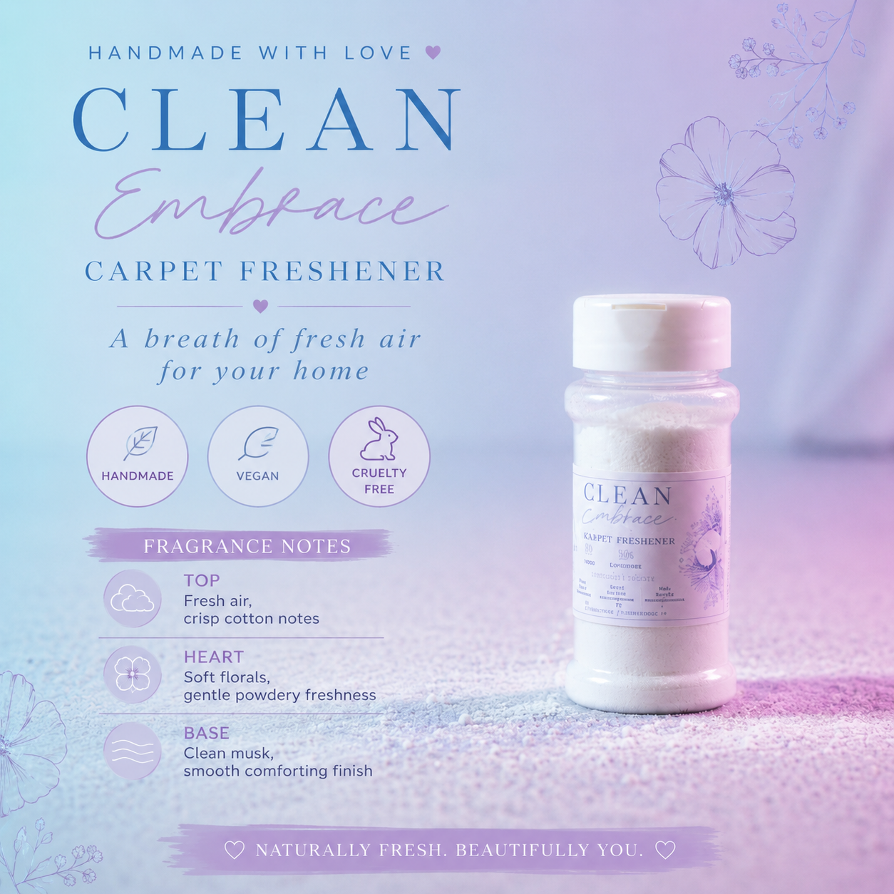 A bottle of Clean Embrace Carpet Freshener placed on a lavender-colored surface with matching decorative text and icons on the left side of the image.