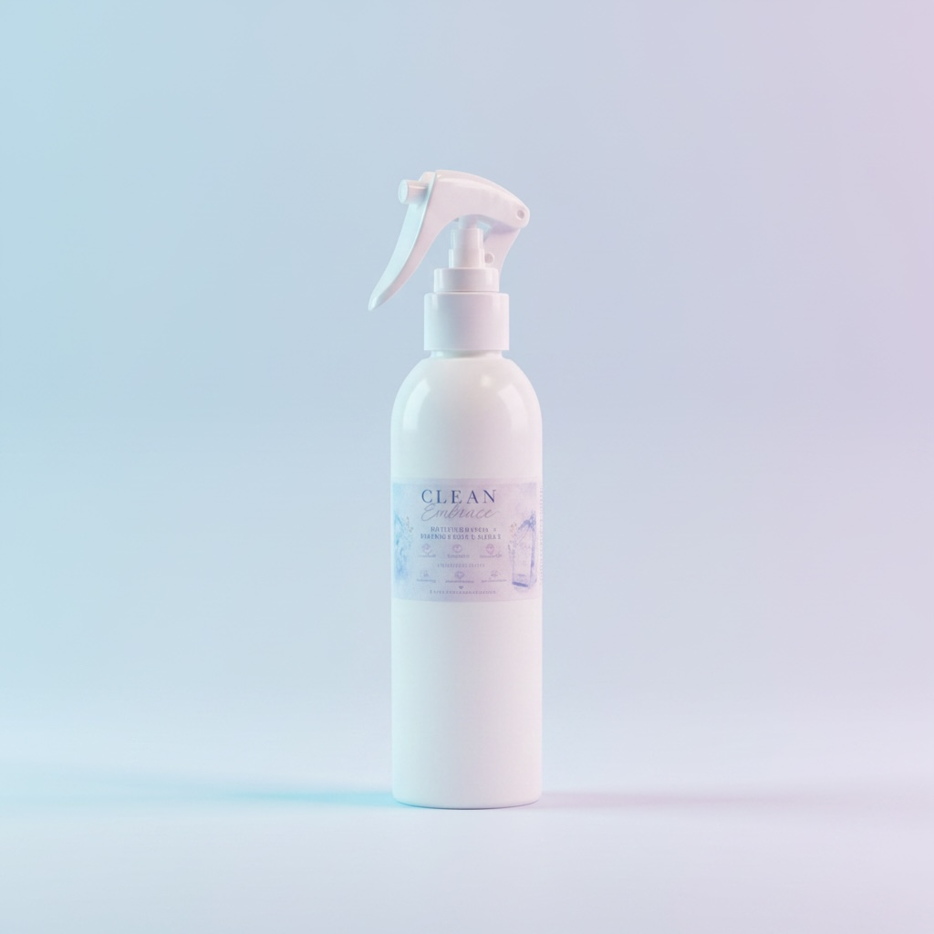 A white spray bottle with a trigger sprayer and a label reading 'CLEAN ambiance' on a soft pastel blue and purple gradient background.