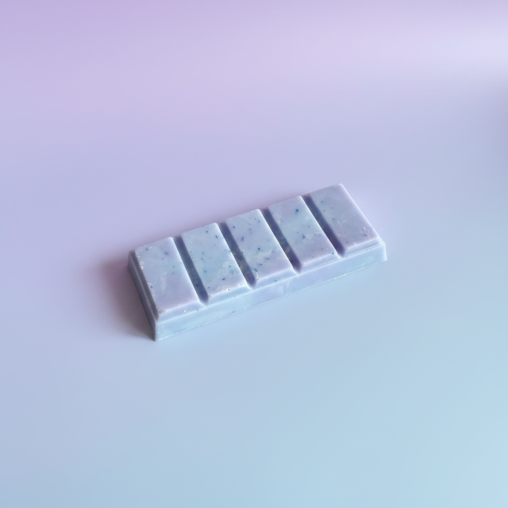 A single segmented bar of pale lavender wax melt with subtle blue-green speckles, photographed on a clean, light purple-to-blue gradient background.