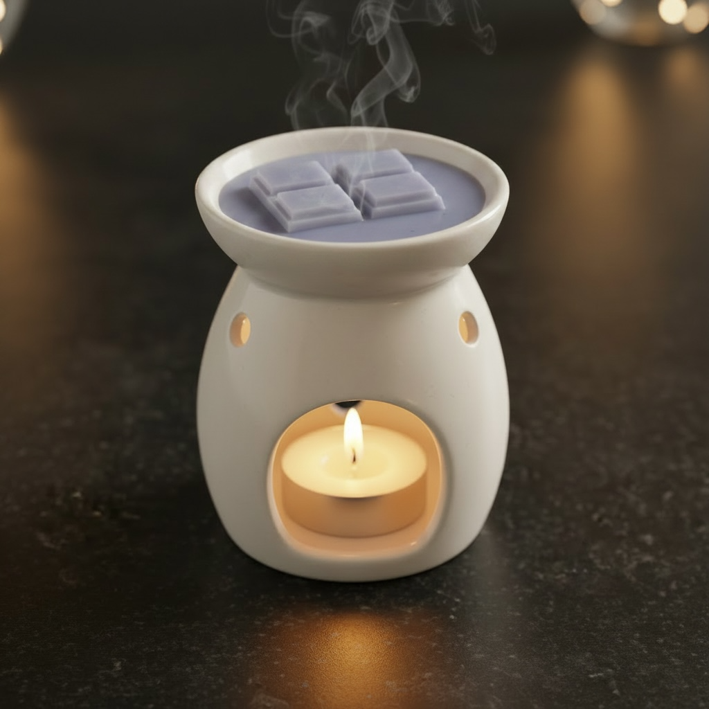 A white ceramic candle warmer with a lit tea light candle inside and steam rising from lavender wax blocks in the top bowl, set on a dark countertop.