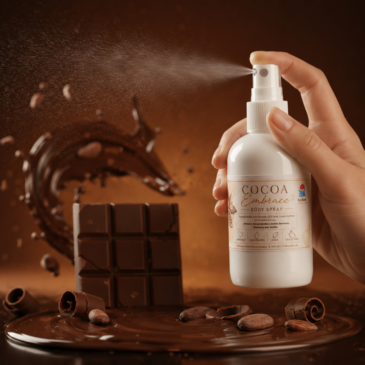 A hand holds a white spray bottle labeled 'COCOA Embrace Body SPRAY' against a rich chocolate-themed background with a chocolate bar, cocoa splashes, and scattered cocoa pieces.