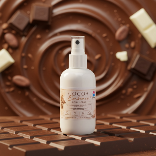 A white spray bottle labeled 'COCOA Embrace BODY SPRAY' stands centered on a chocolate bar surface, with a blurred chocolate swirl and chocolate pieces in the background.